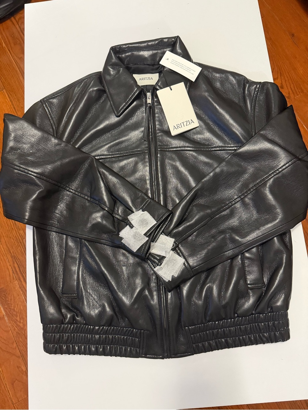 Aritzia Black Leather Bomber with Zip Front